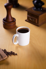 hot coffee on the wooden table