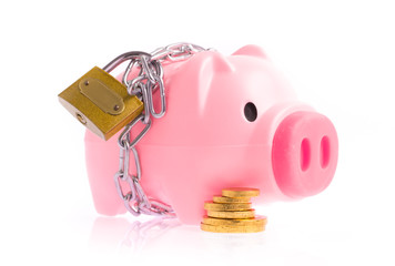 Piggy bank style money box chained together isolated on white background, concep financial stability