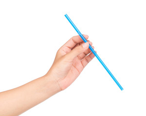 hand holding drinking straw isolated on white background.