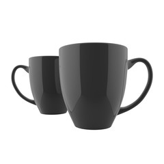 Double Black and Glossy 3D Render Cafe Mug Mockup Template Isolated in White Background with One Mug Standing in Front and Another in Back in Close Up Straight Front View