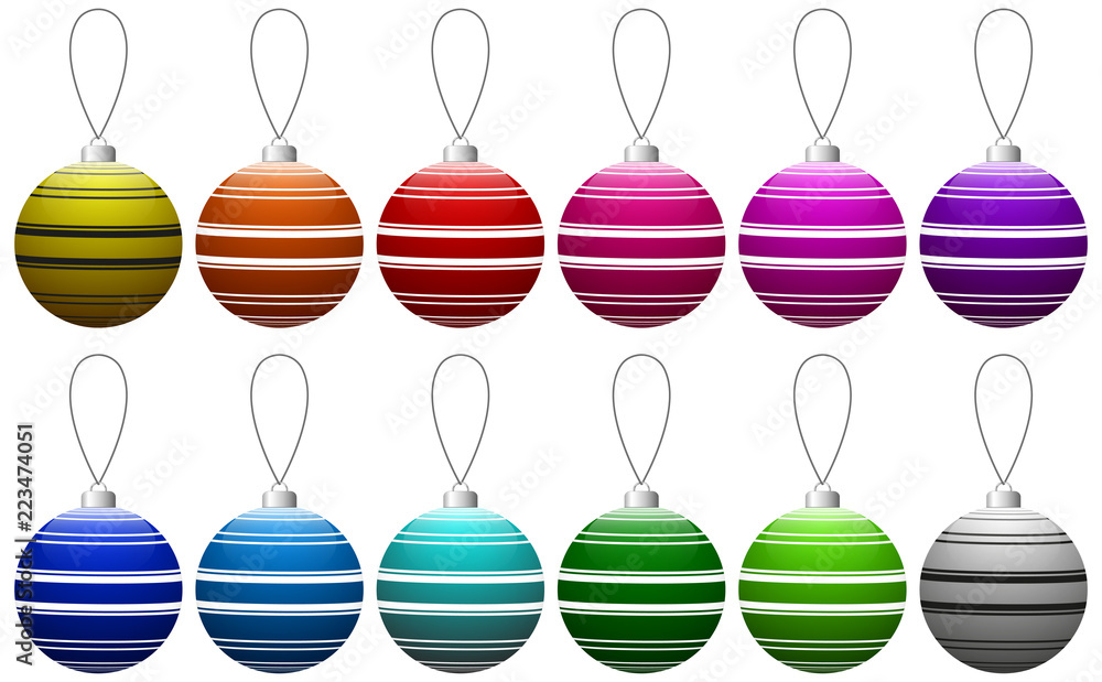 Aufkleber set of colorful glass christmas balls with striped pattern on the string. vector eps 10