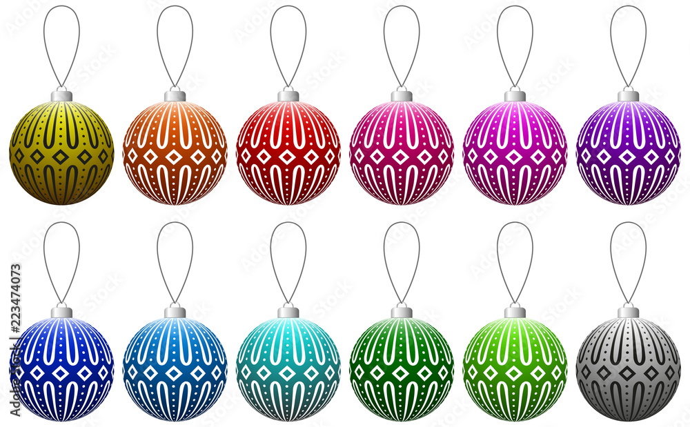 Poster Set of colorful glass Christmas balls with ornate pattern on the string. Vector EPS 10