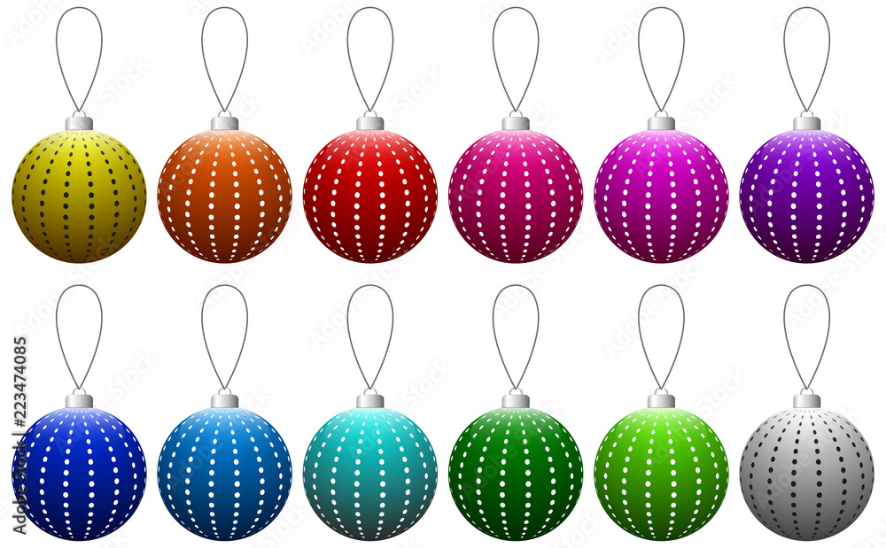 Aufkleber Set of colorful glass Christmas balls with dotted pattern on the string. Vector EPS 10
