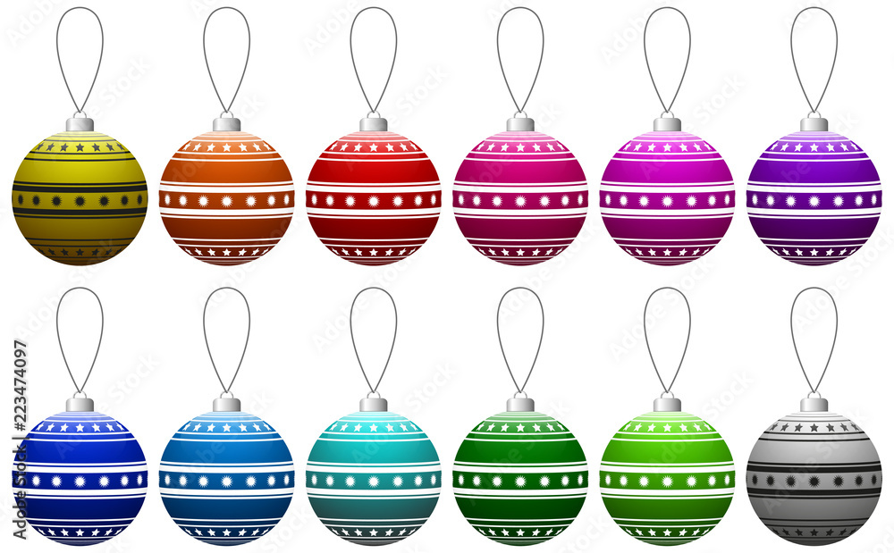 Aufkleber Set of colorful glass Christmas balls with striped pattern on the string. Vector EPS 10