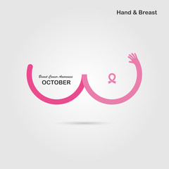 Hand shape & Breast icon.Breast Cancer October Awareness Month Campaign banner.Women health concept.Breast cancer awareness month logo design.Realistic pink ribbon.Pink care logo.Vector illustration