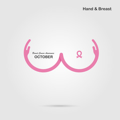 Hand shape & Breast icon.Breast Cancer October Awareness Month Campaign banner.Women health concept.Breast cancer awareness month logo design.Realistic pink ribbon.Pink care logo.Vector illustration