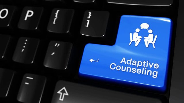 151. Adaptive Counseling Moving Motion On Blue Enter Button On Modern Computer Keyboard with Text and icon Labeled. Selected Focus Key is Pressing Animation. Counseling Services Concept