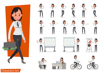 Set of Business woman character vector design doing different gestures. Presentation in various action with emotions, running, standing, walking and working. no2