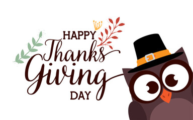 happy thanks giving card with owl