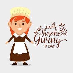 happy thanks giving card with pilgrim woman