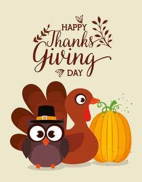 thanks giving card with turkey and owl
