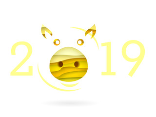 2019 year with pig's head. Yellow paper cut effect. Vector illustration