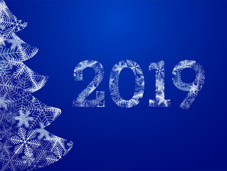 2019 year and xmas tree made from snowflakes with clipping mask. Vector illustration