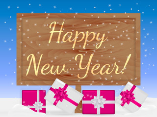 Fototapeta na wymiar Many pink gift boxes with bows on a snow. Vector illustration. Lettering Merry Christmas on wooden scoreboard.