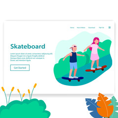 Landing Page Illustration Two Young People Playing Skateboard Web Homepage