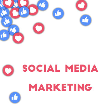 Social media marketing. Social media icons in abstract shape background with scattered thumbs up and