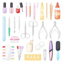 Manicure vector pedicure and manicuring accessory or tools nail-file or scissors of manicurist in nail-bar illustration set of fingernails polish for manicured hands isolated on white background