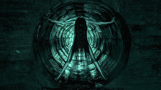 A terrible girl with long black hair is standing in a gloomy underground tunnel (well).