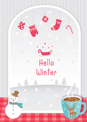 Hello winter with snowman and hot drink