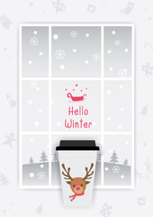 Hello winter with coffee cup reindeer.
