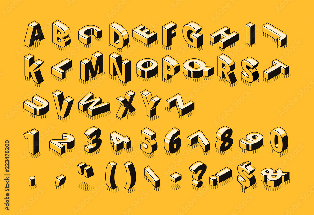 Fototapete isometric line font and halftone alphabet letters vector illustration. abstract trend retro typograp