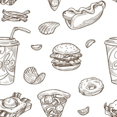 Fast food burgers and soda drinks seamless pattern vector