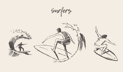 Collection sketches surfers hand drawn vector surf - obrazy, fototapety, plakaty