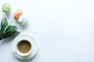 tea time and egg tart and donut on white background with smartphone