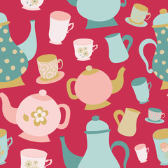 Seamless Pattern of Teapots and Cups