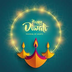 Happy Diwali. Paper Graphic of Indian Diya Oil Lamp Design. Indian festival of lights. 
