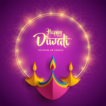 Happy Diwali. Paper Graphic of Indian Diya Oil Lamp Design. Indian festival of lights. 