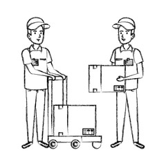 delivery workers with cart and boxes