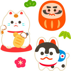 招き猫、ダルマ、犬張子