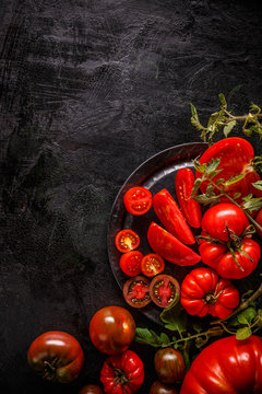 Flat lay of fresh ripe tomatoes