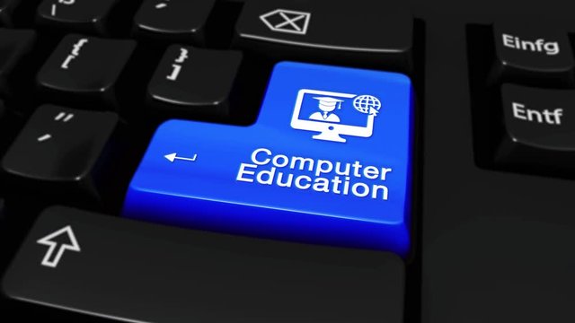 174. Computer Education Round Motion On Blue Enter Button On Modern Computer Keyboard with Text and icon Labeled. Selected Focus Key is Pressing Animation. Online Education Concept