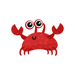 Smiling red crab with small claws and big shiny eyes. Marine life. Sea creature. Flat vector for postcard or mobile game