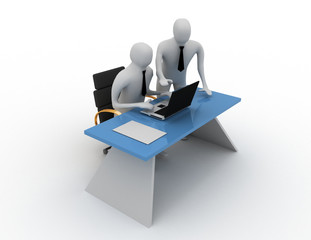 3d two man in office working on laptop.