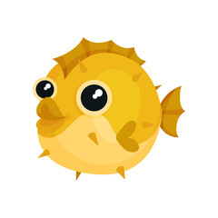 Adorable yellow blowfish with big shiny eyes. Exotic sea animal. Underwater life theme. Flat vector for children t-shirt print
