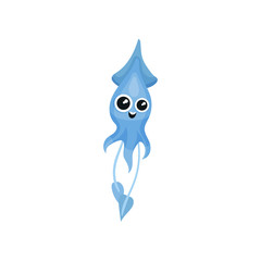 Flat vector icon of cute blue squid. Mollusk with big shiny eyes. Marine creature. Element for mobile game or kids print