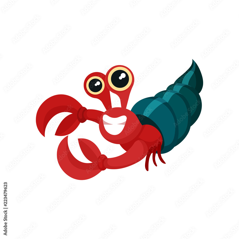 Poster flat vector icon of red hermit crab with shell. smiling marine animal with big claws and shiny eyes.
