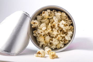 Popcorn in cardboard box isolated on white background