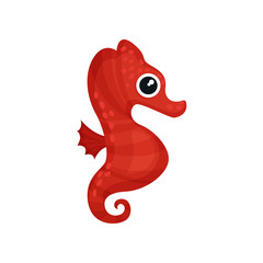 Bright red sea horse. Small sea fish with curled tail. Tropical marine animal. Flat vector element for children book or postcard