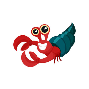 Flat vector icon of red hermit crab with shell. Smiling marine animal with big claws and shiny eyes. Sea life theme