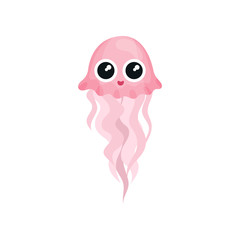Cute swimming jellyfish. Pink sea animal with long tentacles. Marine creature. Flat vector for postcard or children book