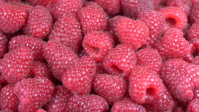 Fresh, ripe, juicy raspberry background, close up berry, rotation loopable 4k top view. Food  background. Gastronomy concept, organic food. Macro red raspberries fruit