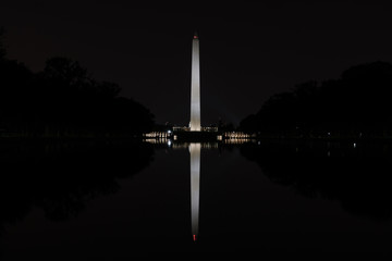 Fototapeta na wymiar The Washington Monument during a summer night seen from the Reflecting Pool in Washington, D.C.