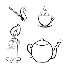 Candle, match, teapot and a Cup of tea. Coloring book. Vector illustration. Home comfort
