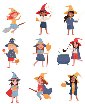 Cute little girls dressed as a witches set, Halloween party concept vector Illustrations on a white background