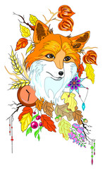 Abstract stylized cute fox with autumn decorations and leaves vector illustartion isolated