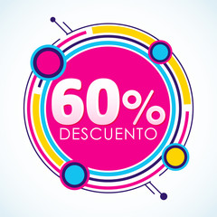 Obraz premium 60% Descuento, 60% Discount Sticker spanish text, sale tag vector Illustration, Offer price label